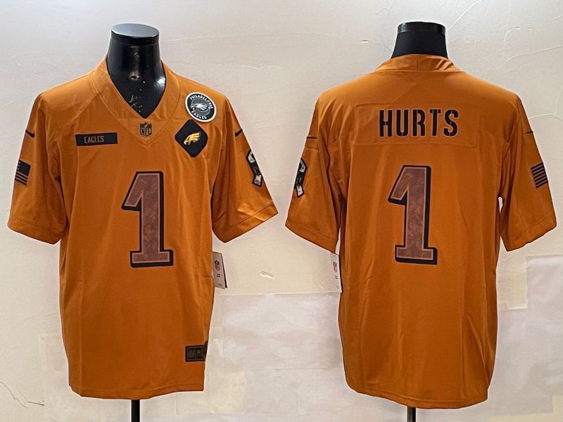 Men Philadelphia Eagles #1 Hurts Yellow Nike 2025 Salute to Service Limited NFL Jersey style 4